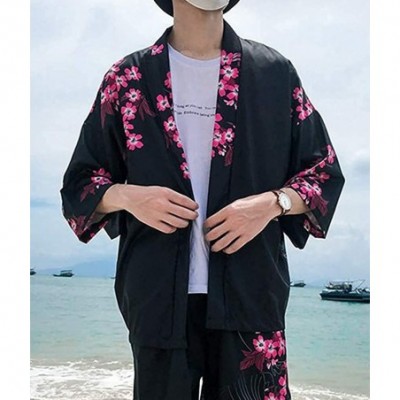 Robes Men's Kimono Cardigan Japanese Printed 3/4 Sleeve Open Front Shirt Jacket - White - CF199ZU7H2Q