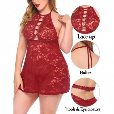 Baby Dolls & Chemises Plus Size Lingerie Lace Chemise Lingerie Halter Babydoll - Wine Red - CX190R23ZK0