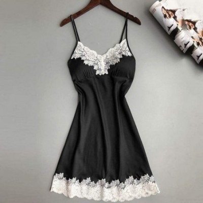 Nightgowns & Sleepshirts Satin Sleepwear Women Ladies Nightwear Nightdress Sexy Lingerie with Chest Pads - Black-b - CB18Q7ID6WQ