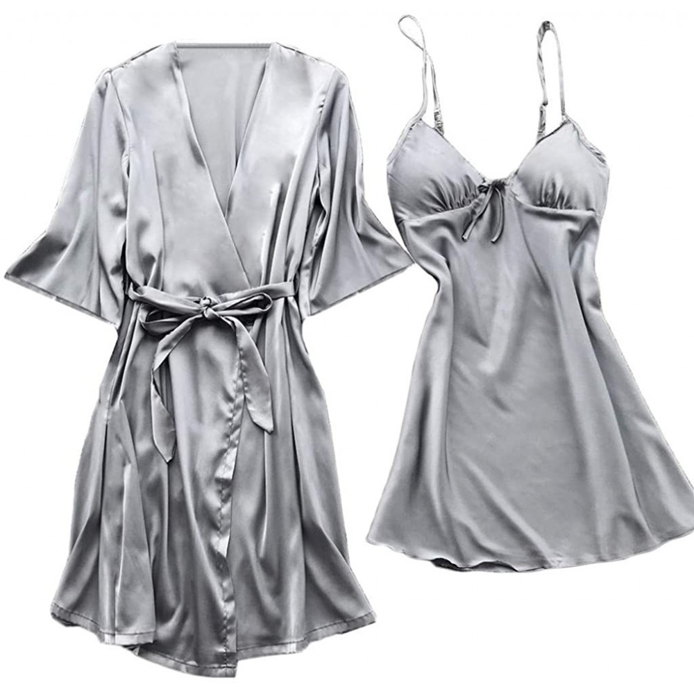 Garters & Garter Belts Silky Pajama Sets- Soft Comfy Nightwear Lingerie Nightdress Robe Bathrobe Sleepwear Set - Silver - CQ1...