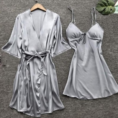 Garters & Garter Belts Silky Pajama Sets- Soft Comfy Nightwear Lingerie Nightdress Robe Bathrobe Sleepwear Set - Silver - CQ1...