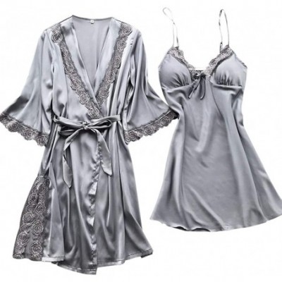 Sets Womens Lingerie Sexy Satin Pajamas Set Belt Nightgown Temptation Chemise Underwear Teddy Sleepwear - Gray - C418QHDSXCH