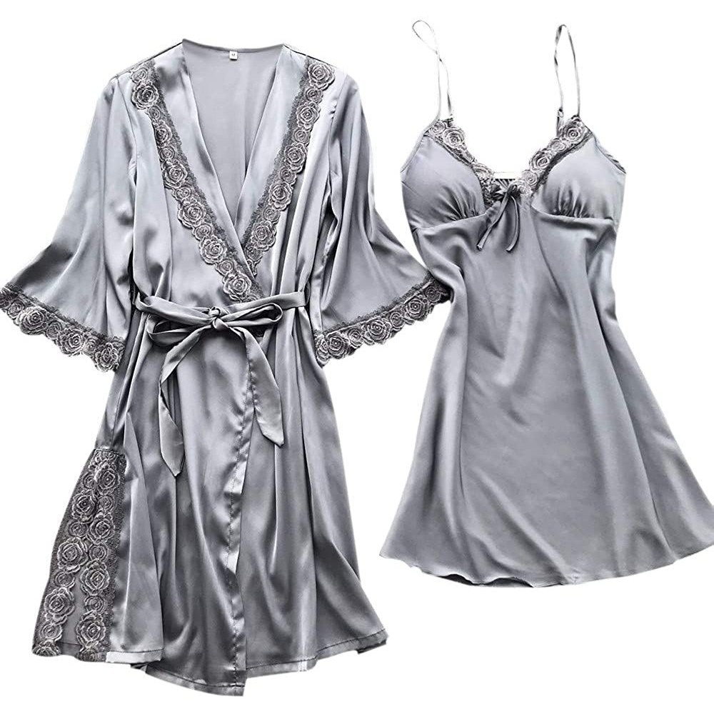 Sets Womens Lingerie Sexy Satin Pajamas Set Belt Nightgown Temptation Chemise Underwear Teddy Sleepwear - Gray - C418QHDSXCH