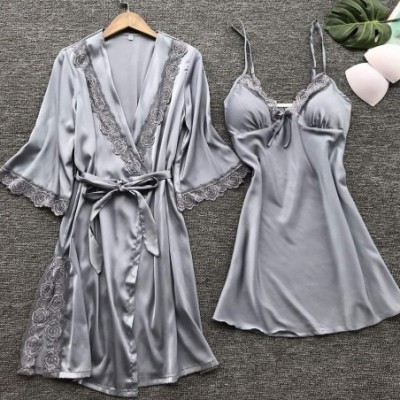 Sets Womens Lingerie Sexy Satin Pajamas Set Belt Nightgown Temptation Chemise Underwear Teddy Sleepwear - Gray - C418QHDSXCH