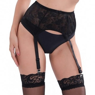 Garters & Garter Belts Women's 4 Straps Sexy Garter Belt Black & White Floral Lace Sexy Lingerie Metal Clips - Black - CR18ZS...