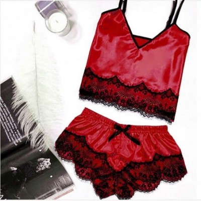 Sets Womens Lace Satin Sleepwear Cami Top and Shorts Pajama Set Sexy Lingerie Satin Pajamas Cami Shorts Set Nightwear Wine - ...