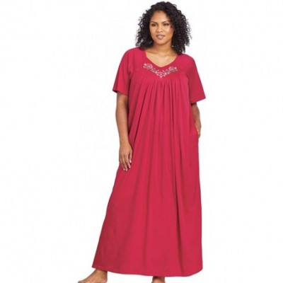 Sets Women's Knit Embroidered Solid Color Long Lounger Duster Nightgown - Red - CH18ZTRL849