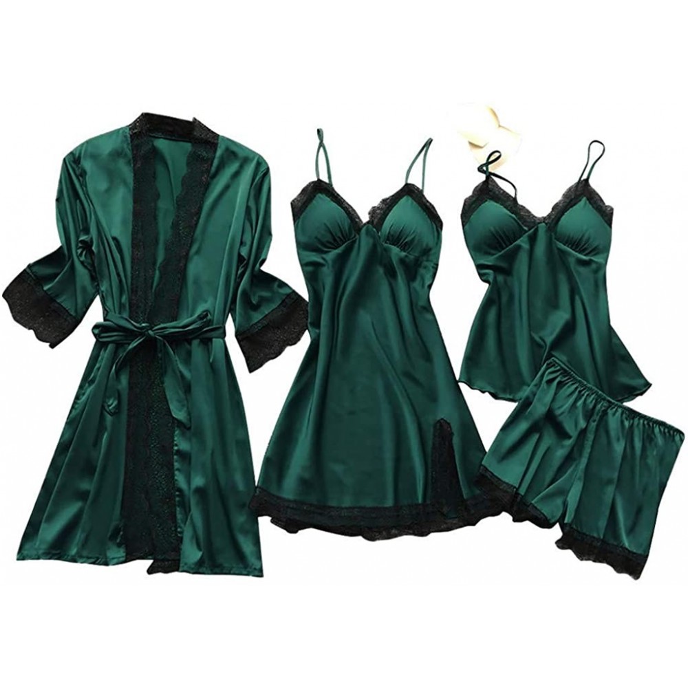 Sets Womens Silk Texture Pajama 4Pcs Sets Lace Trim Lingerie Camisole Tops and Shorts Sleepwear Dress Nightwear Army Green - ...