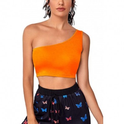 Tops Women's Crop Top One Shoulder Sexy Sleeveless Tank Tops Strappy Tees - Orange - CE1908DH5N9