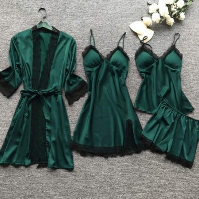 Sets Womens Silk Texture Pajama 4Pcs Sets Lace Trim Lingerie Camisole Tops and Shorts Sleepwear Dress Nightwear Army Green - ...