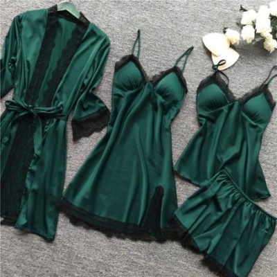 Sets Womens Silk Texture Pajama 4Pcs Sets Lace Trim Lingerie Camisole Tops and Shorts Sleepwear Dress Nightwear Army Green - ...