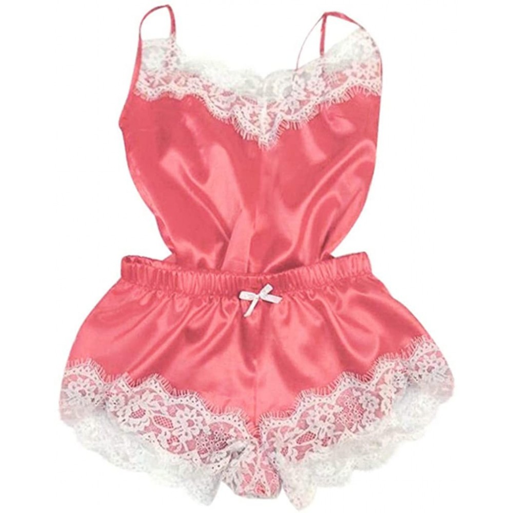 Sets Women's Lace Satin Sleepwear Cami Top and Shorts Pajama Set 2 Piece Sexy Lingerie Nightwear - A-watermelon Red - CL194DY...