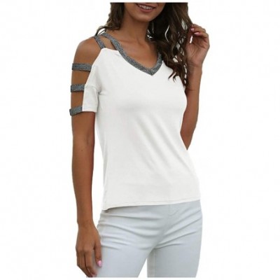 Thermal Underwear Women V-Neck Spliced Cut-Out Strapless T-Shirt Summer Casual Short Sleeved Tops - White - C6197IA7COH