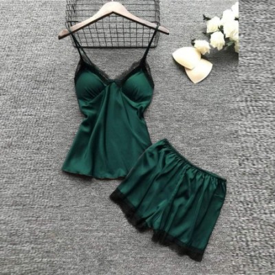 Sets Womens Silk Texture Pajama 4Pcs Sets Lace Trim Lingerie Camisole Tops and Shorts Sleepwear Dress Nightwear Army Green - ...