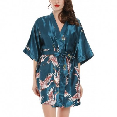 Robes Women's Short Silk Kimono Robes Satin Loungewear Half Sleeve Luxury Crane Nightwear - Blue - CZ18TA8T7S3