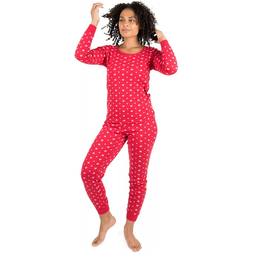 Sets Womens Pajamas Fitted Printed Owl 2 Piece Pjs Set 100% Cotton Sleep Pants Sleepwear XSmall XLarge Pink Hearts - CB18D47K7KN