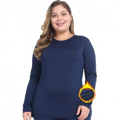 Thermal Underwear Womens Thermal Tops Plus Size Fleece Lined Underwear Shirt Long Sleeve Base Layer - Navy Blue - C318AU84DA3