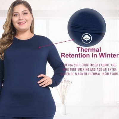 Thermal Underwear Womens Thermal Tops Plus Size Fleece Lined Underwear Shirt Long Sleeve Base Layer - Navy Blue - C318AU84DA3