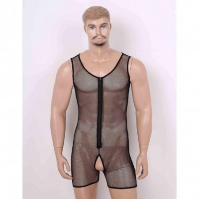 Trunks Men's Fishnet Bodysuit Underwear Zipper Open Crotch See Through Undershirts - CN196CEY7ST