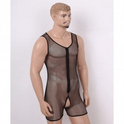 Trunks Men's Fishnet Bodysuit Underwear Zipper Open Crotch See Through Undershirts - CN196CEY7ST