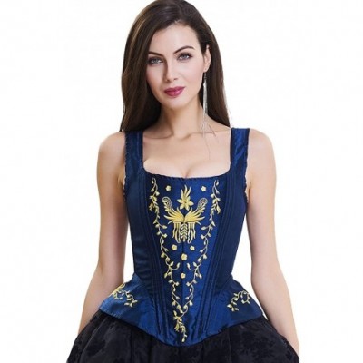 Bustiers & Corsets Women's Overbust Steel Boned Embroidery Lace Up Back Strap Corset Bustier Top - Blue - C2186KHM638