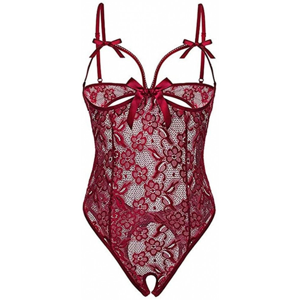 Accessories Women One Piece Lingerie Lace Fishnet Teddy Bodysuit Mesh Babydoll - Wine - CK18AGRGROU