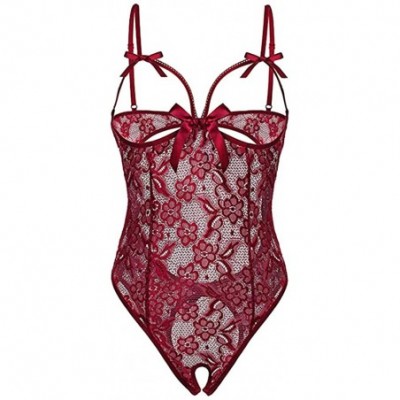 Accessories Women One Piece Lingerie Lace Fishnet Teddy Bodysuit Mesh Babydoll - Wine - CK18AGRGROU