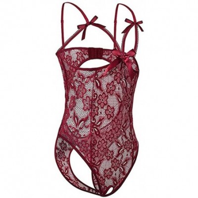 Accessories Women One Piece Lingerie Lace Fishnet Teddy Bodysuit Mesh Babydoll - Wine - CK18AGRGROU