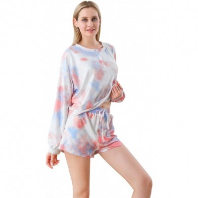 Sets Women Tie Dye Printed Long Sleeve Pajamas Sets Shirt Ruffle Shorts Loungewear Two Piece Short Sleepwear Orange Tie Dye -...