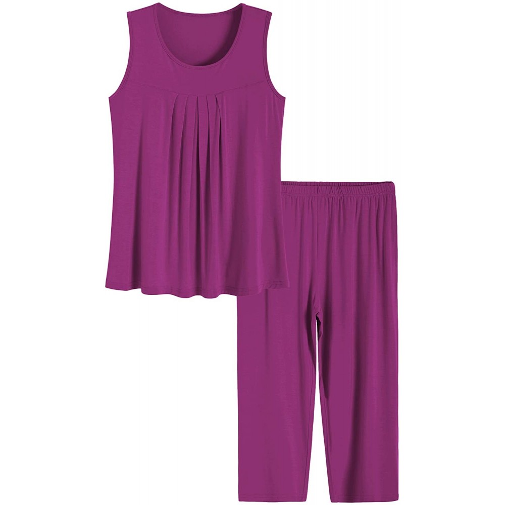 Sets Women's Summer Pleated Tank Top Capris Pajamas Set - Boysenberry - CE18XAAM4WL