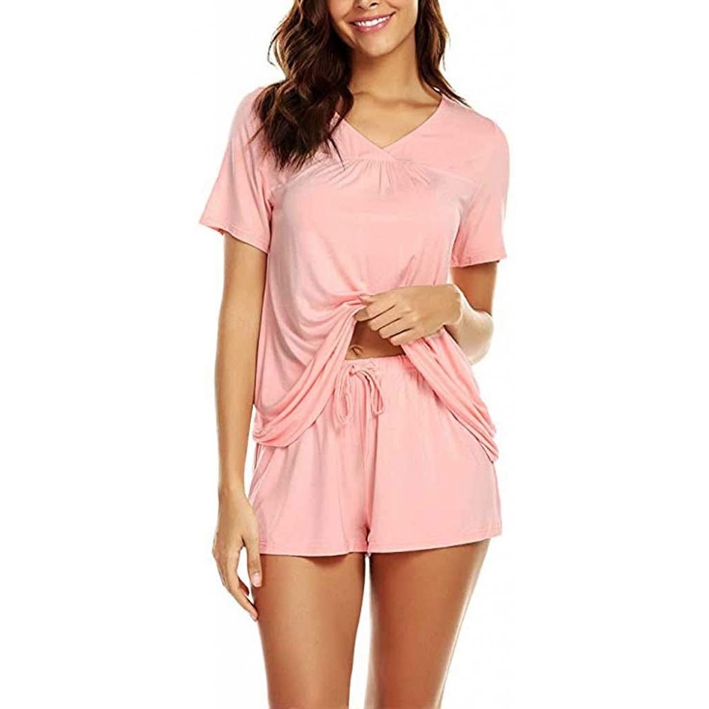 Sets Solid Short Sleeve V- Neck Shorts Sleepwear Two Piece Pajama Set - Pink - CJ18TN92U75