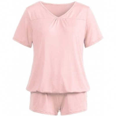 Sets Solid Short Sleeve V- Neck Shorts Sleepwear Two Piece Pajama Set - Pink - CJ18TN92U75