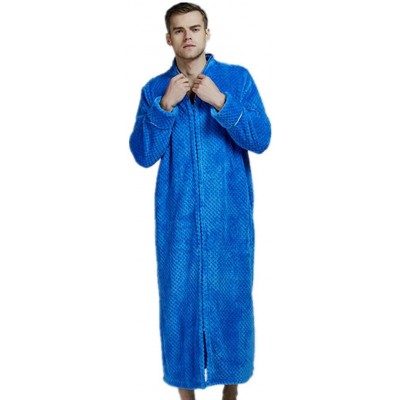 Robes Mens Womens Robes Couples Warm Fleece Long Sleepwear with Zip Pocket Pajamas Bathrobes - B Blue - CN18ADLGM48