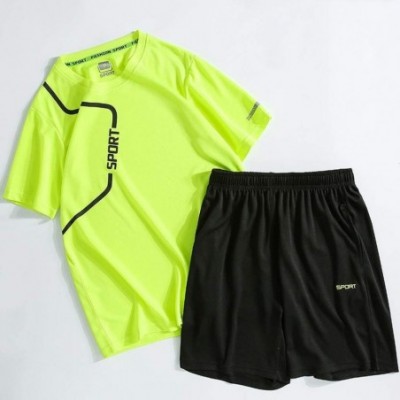 Shapewear Men's Casual Comfortable Set Short Sleeve Shorts Suit Summer Tops and Pants Set - B Green - C1198SHG5MH