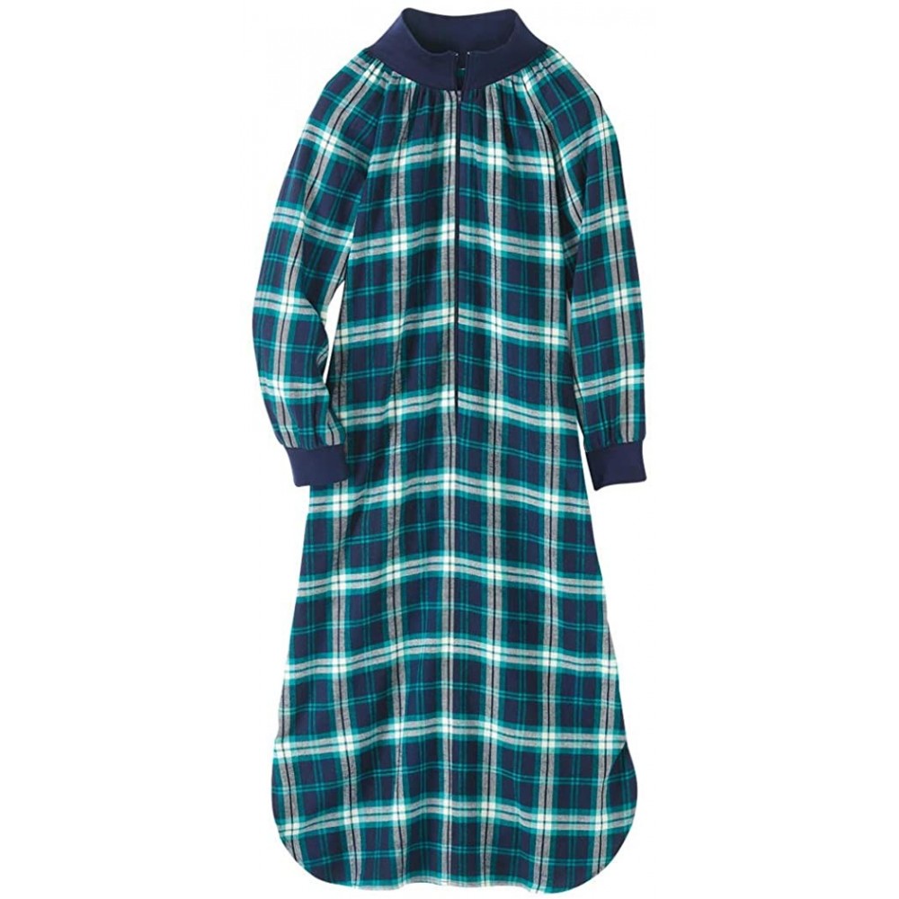 Nightgowns & Sleepshirts Women's Flannel Plaid Long Night Gown - Long Sleeve Lounge Dress - Navy - CG18HUXCH66