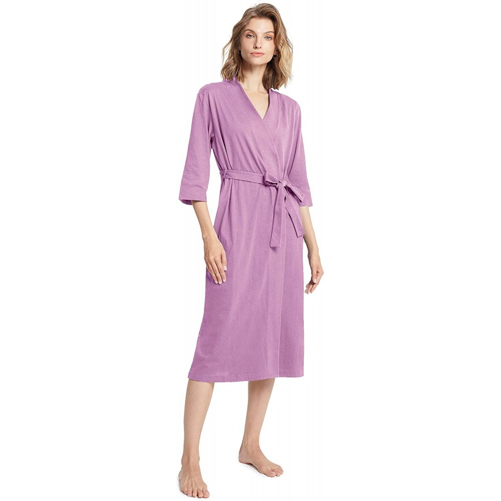 Robes Womens Cotton Kimono Robe Lightweight Long Knit Bathrobe Thin Sleepwear Soft Ladies Loungewear Dusty Purple - CR18SKWMOQD