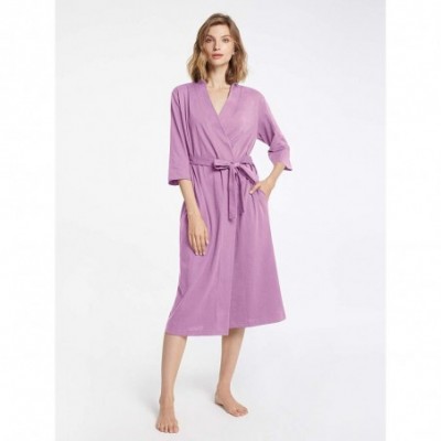 Robes Womens Cotton Kimono Robe Lightweight Long Knit Bathrobe Thin Sleepwear Soft Ladies Loungewear Dusty Purple - CR18SKWMOQD