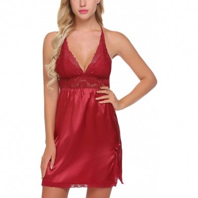 Nightgowns & Sleepshirts Women Lingerie Lace Babydoll Chemises V Neck Nightwear Satin Sleepwear Slips - Style 1-dark Red - CC...