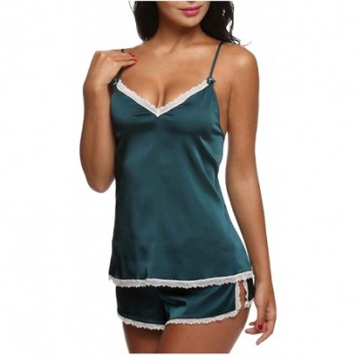 Sets Women Satin Pajamas Set Silk Lace Sleepwear Cami Nightwear Shorts Lingerie 2 Pcs Pajamas Short Panty Set Green - CL194CR...