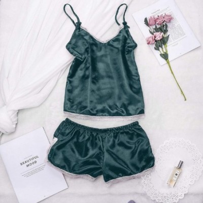 Sets Women Satin Pajamas Set Silk Lace Sleepwear Cami Nightwear Shorts Lingerie 2 Pcs Pajamas Short Panty Set Green - CL194CR...