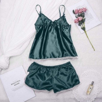 Sets Women Satin Pajamas Set Silk Lace Sleepwear Cami Nightwear Shorts Lingerie 2 Pcs Pajamas Short Panty Set Green - CL194CR...