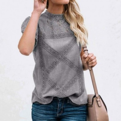 Garters & Garter Belts Womens Lace Patchwork Flare Ruffles Short Sleeve Cute Floral Shirt Blouse Top - Gray - CT18SXDH5OZ