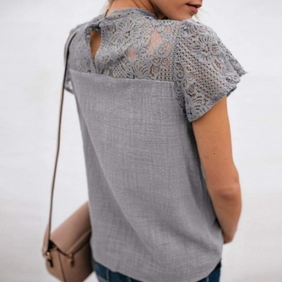 Garters & Garter Belts Womens Lace Patchwork Flare Ruffles Short Sleeve Cute Floral Shirt Blouse Top - Gray - CT18SXDH5OZ