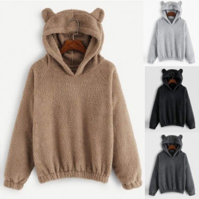 Thermal Underwear Women's Bear Fuzzy Hoodie Long Sleeve Fleece Sweatshirt Warm Pullover Cropped Top - A-white - CA192ZN89AY