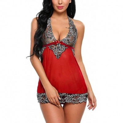 Baby Dolls & Chemises Women V-Neck Lingerie Lace Babydoll Mesh Chemise Nightwear Bowknot Sleepwear - Red - CW18XEK2YYW