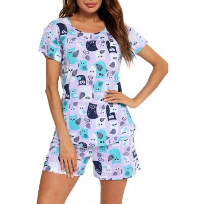 Sets Women's Cute Sleepwear Print Tee and Shorts Pajama Set with Pockets - Purple Owl - C119C4L2K2D