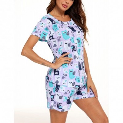 Sets Women's Cute Sleepwear Print Tee and Shorts Pajama Set with Pockets - Purple Owl - C119C4L2K2D