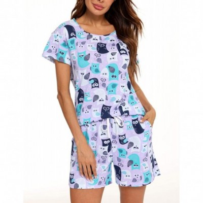 Sets Women's Cute Sleepwear Print Tee and Shorts Pajama Set with Pockets - Purple Owl - C119C4L2K2D