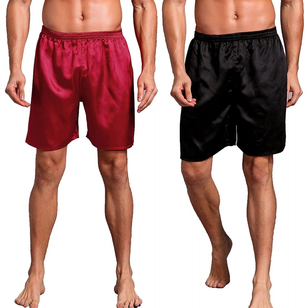 Boxers Mens Satin Boxer Shorts Pajamas Shorts Sleepwear Boxers Underwear Beach Shorts - 2 Pack(black+red) - CS198UO55DI