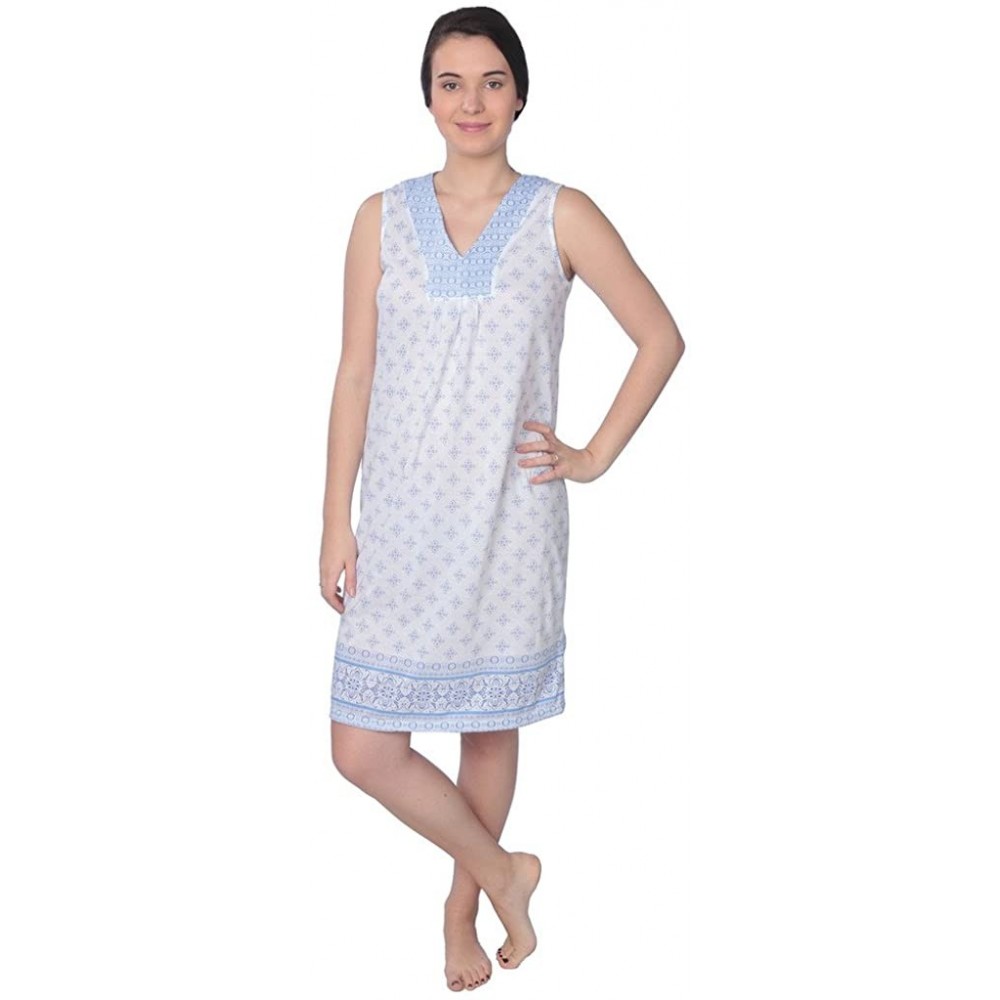 Nightgowns & Sleepshirts Women's Floral Print Cotton Blend Short Sleeve Knit Nightgown - Blue Sleeveless Printed Gown - CJ183...